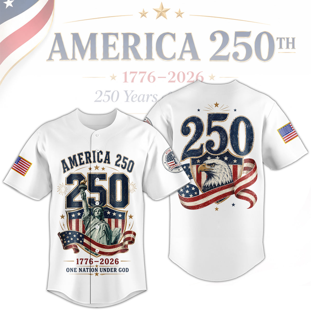250th Anniversary USA Button Baseball Jersey, Patriotic Independence Day Jersey
