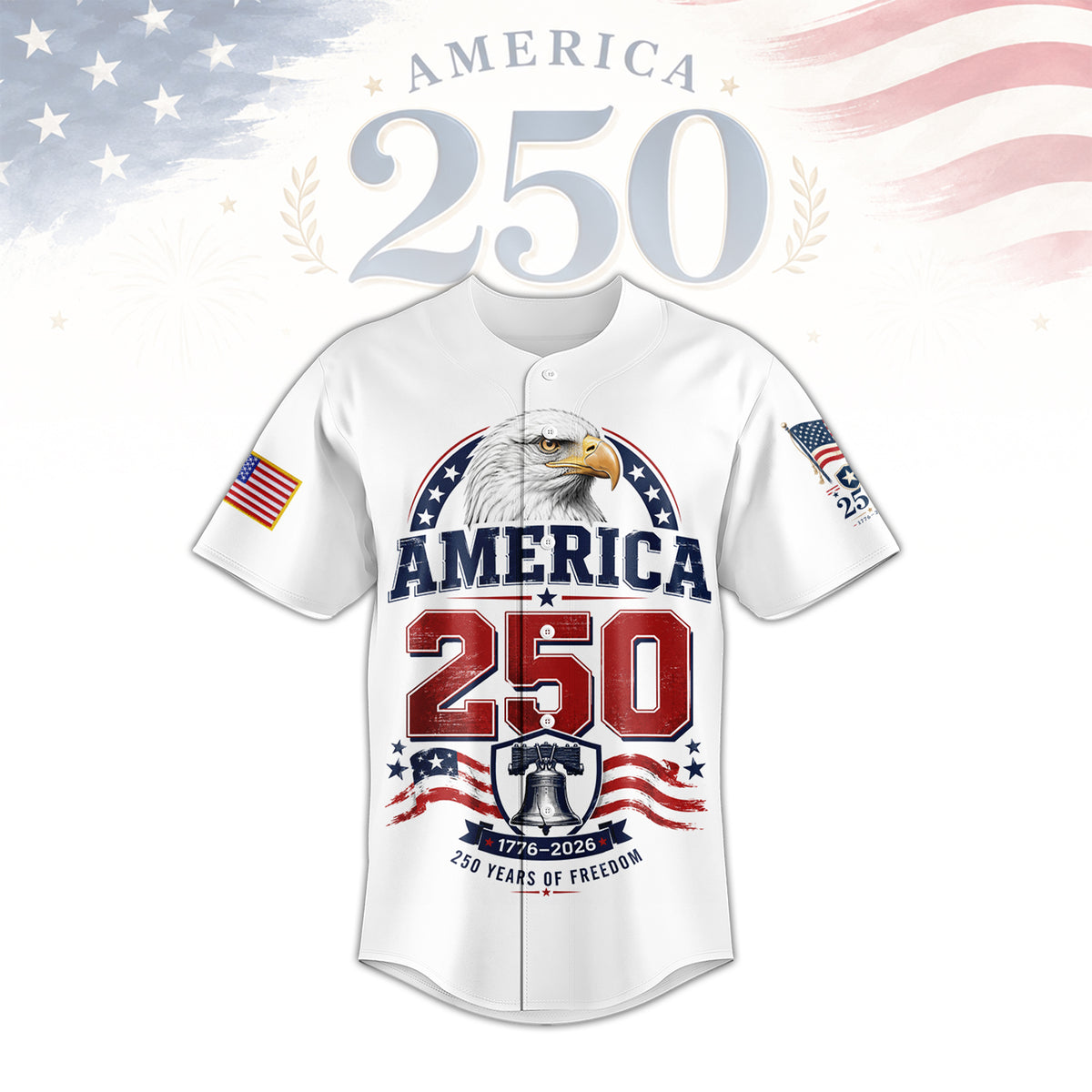 1776–2026 USA Patriotic Button Up Baseball Jersey, America Freedom Jersey