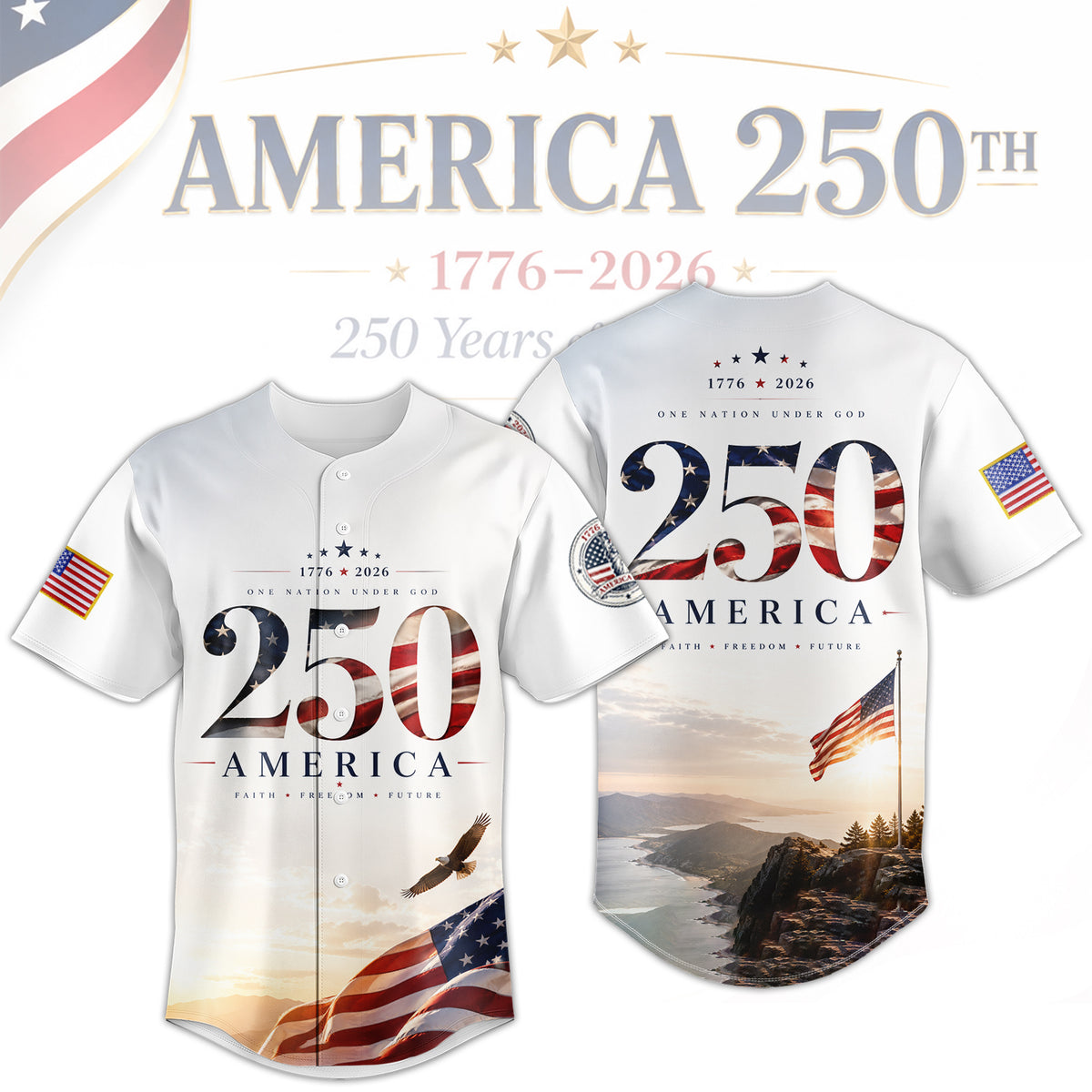 Patriotic Button Up Baseball Jersey, America 250th 1776–2026 Design