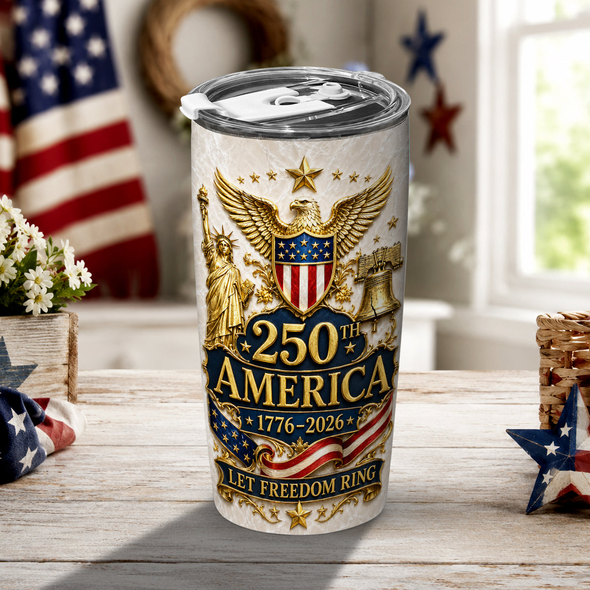 America 250th Declaration Tumbler, Vintage USA Freedom Design